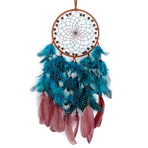 Handmade Boho Dream Catchers with Peacock Blue Polka Dot Feathers