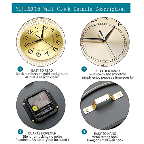 Modern Silent Large Wall Clocks-  Non-Ticking 24 Inch Round Crystal Gold Clocks