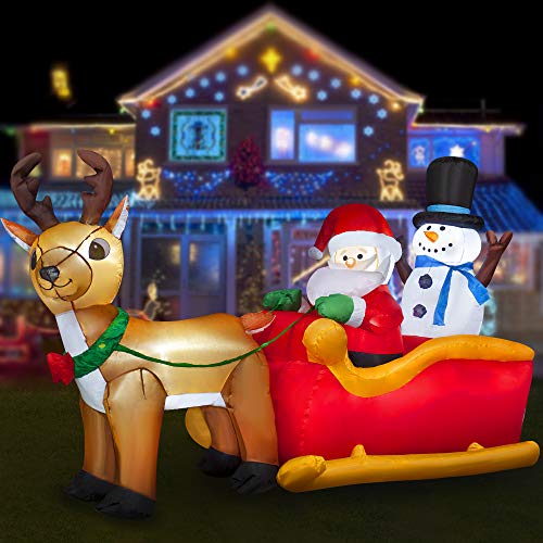 8 FT Christmas Blowup Lighted Inflatable Reindeer Sleigh Built-in LED for Holiday Lawn