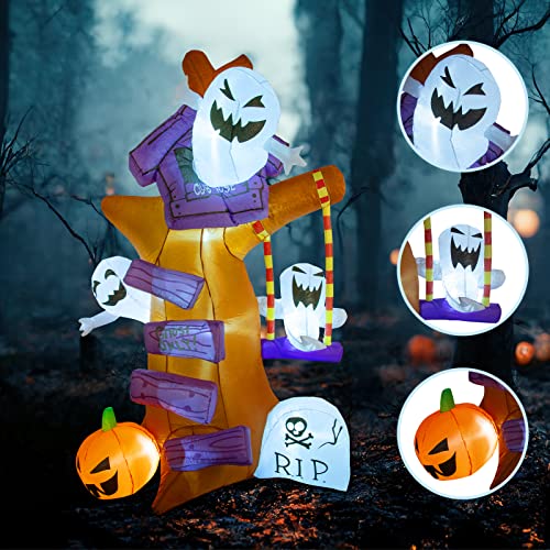 8 FT Halloween Inflatables Ghost Tree w/ Ghost Pumpkin & Tombstone