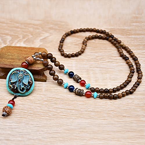 Vintage Long Turquoise Wood Beads Necklace for Women