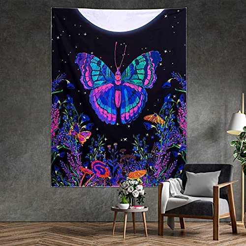 Butterfly Floral Tapestry, Moonlit Garden Wall Blacklight Home Decoration