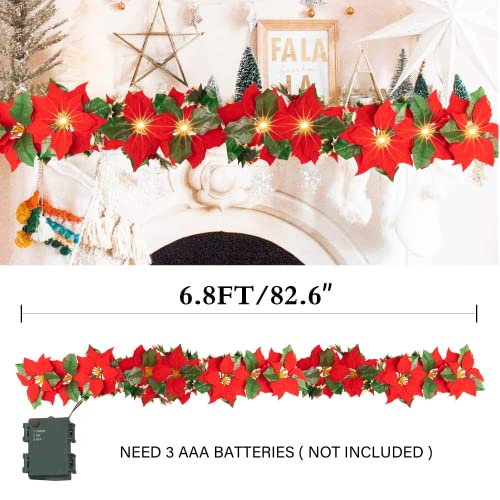 Christmas Poinsettia Garland, 7 FT 10 LED Velvet Artificial Flower