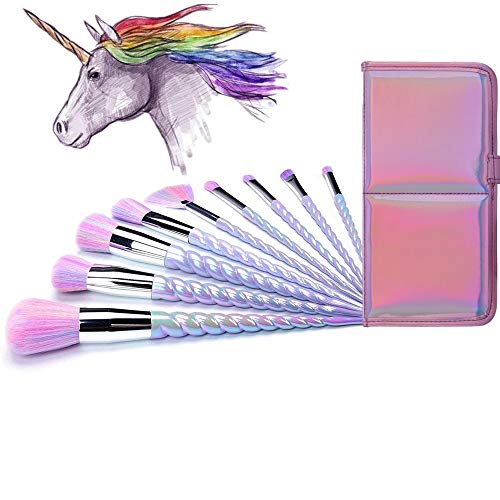Unicorn Makeup Brushes 10pcs w/ Colorful Bristles Unicorn Horn Shaped Handles