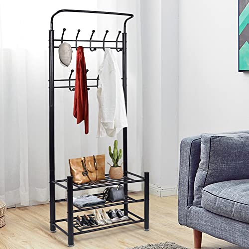 Coat Rack w/ 3-Tier Shoe Rack & 14 Hooks for Clothes Hat Umbrella
