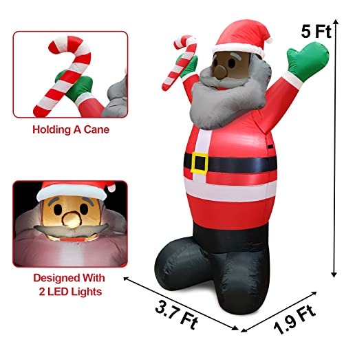 5 Ft Christmas Inflatable Black Santa Claus Hold Candy Can w/ LEDs