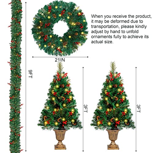 Christmas Decorations 4Piece Set, Pre-Lit Artificial Entrance Trees Set of 2, Wreath & Garlands
