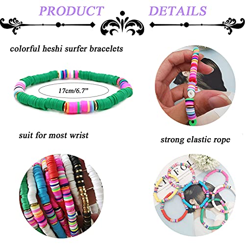 14 Pcs Colorful Surfer Stackable Rainbow Vinyl Beaded Bracelet Set Bundle Promo