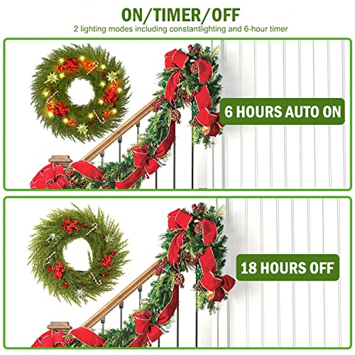 Pre-lit Christmas Wreath Decoration for Front Door w/ Hanger 18" Battery Operated