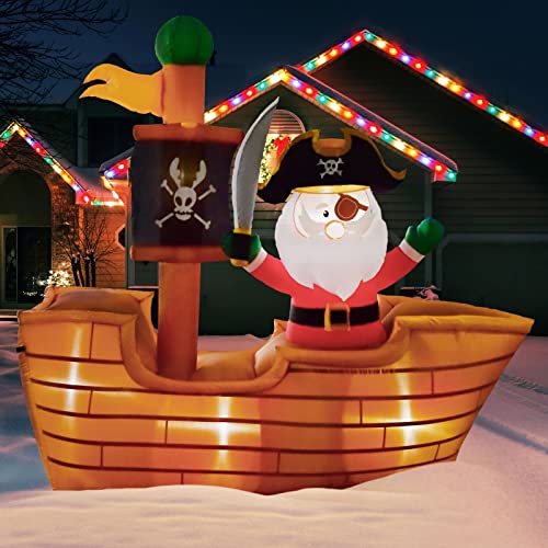 6-Ft Christmas Pirate Santa on A Wooden Flag Inflatable Ship w/ Built-in LED Lights