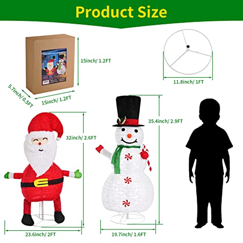 Set of 2 Collapsible 3.0FT Snowman 2.6FT Santa w/ 100 LEDs Plug-in  Christmas Decoration