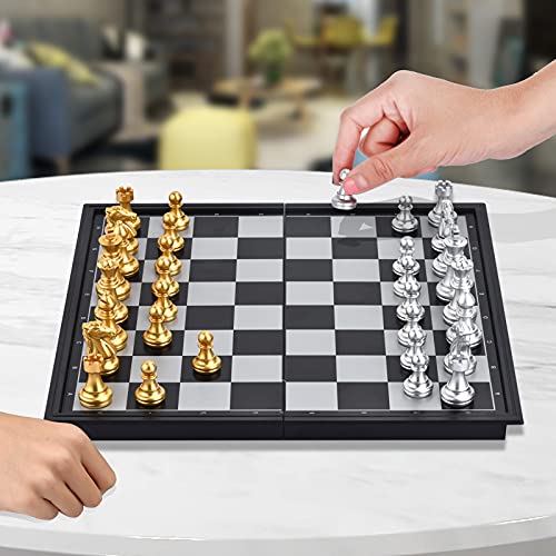 Magnetic Travel Chess Set with Folding Games Board and 2 Extra Queens & Storage Bag for Kids and Adults