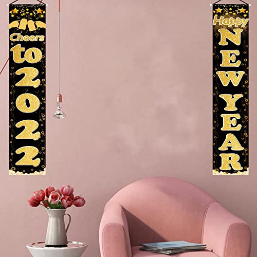 Golden Cheers to 2022 Happy New Year Hanging Banner Porch Sign  72"x12"