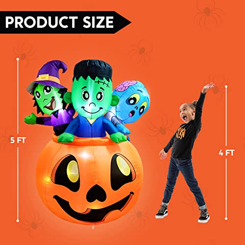 5 FT Tall Halloween Inflatable Three Characters on Pumpkin w/ LED