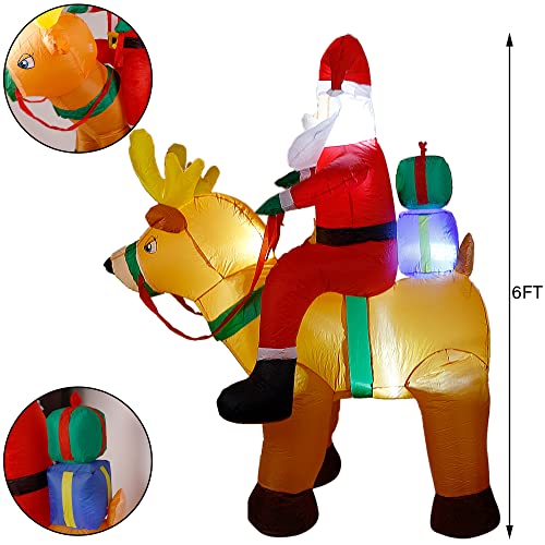 6 Ft Christmas Inflatable Santa Claus on Reindeer w/ Gift Box, LED Lights Christmas Blow up Decoration