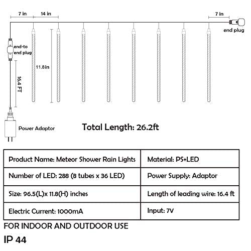 8 Tubes 288 LED Meteor Shower Rain Lights, 30cm Iciclelights Snow Falling Christmas Lights