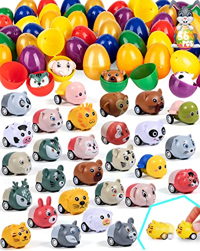 28pack Prefilled Easter Eggs w/ 7 Bright Assorted Colors of Animal Pull-back Cars Toys