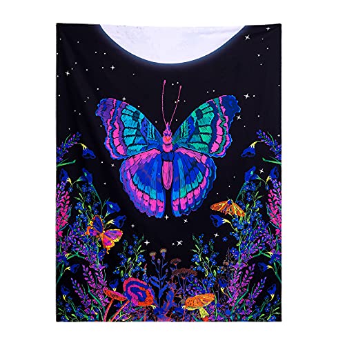 Butterfly Floral Tapestry, Moonlit Garden Wall Blacklight Home Decoration