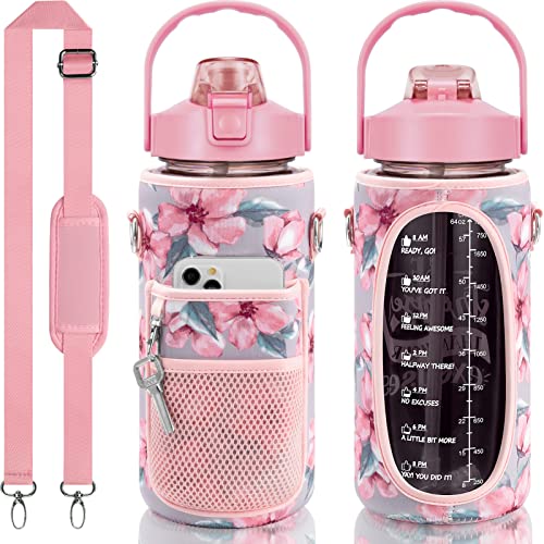Half Gallon Motivational Water Bottle w/ Sleeve & Strap 64 OZ