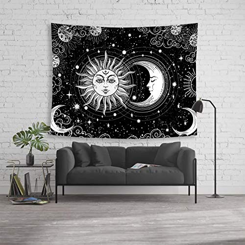 Sun and Moon Star Burning Sun with Stars Floral Mystic Aesthetic Wall Tapestry ( Black and White )