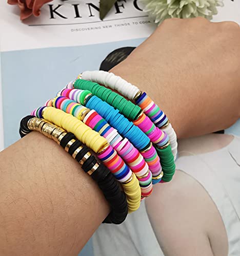 14 Pcs Colorful Surfer Stackable Rainbow Vinyl Beaded Bracelet Set Bundle Promo