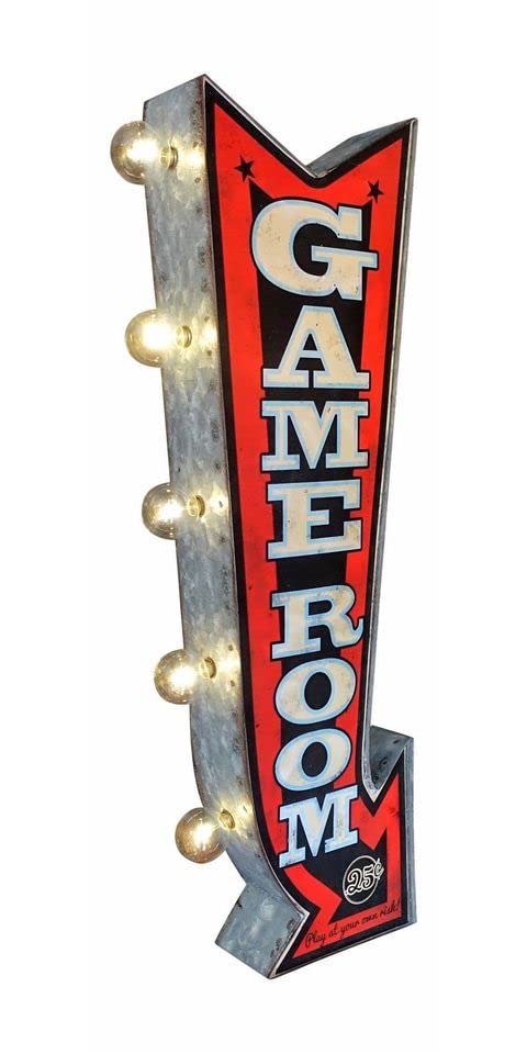 Game Room LED Sign, Large 25" Double Sided Red Arrow Sign w/ Large Marquee Style LED Light Bulbs