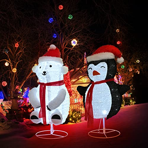 Set of 2- 31’’ Collapsible Fluffy Bear & Penguin w/ 100LT LED Lights, Christmas Holiday Decoration