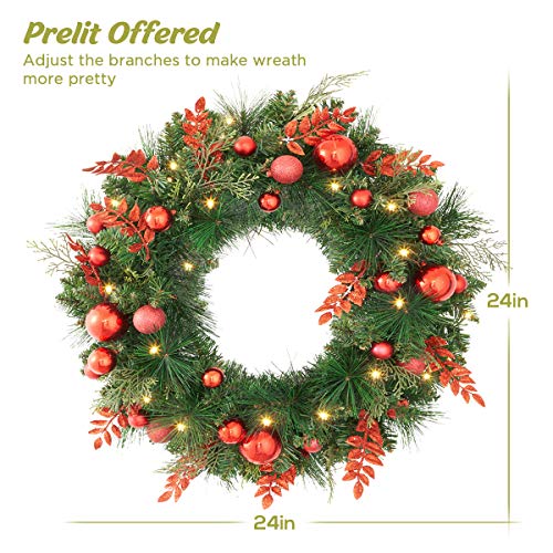 24 Inch Prelit Red Christmas Wreath Pre-Strung 50 LED Lights Battery Operated