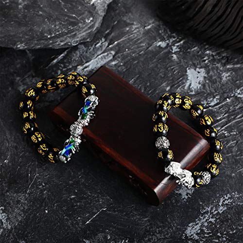 2 Pieces 12 mm Feng Shui Bead Bracelet with Hand Carved Black Amulet