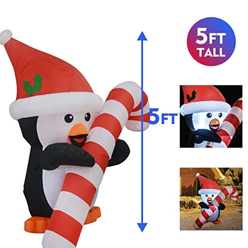 5 FT Christmas Inflatables Penguin w/ Cane & LEDs