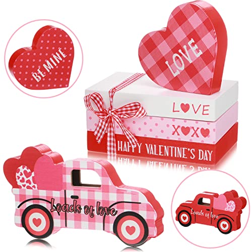 5 Pcs Valentine's Day Tiered Tray Decoration, 3 Mini Faux Decorative Books Bundle w/ Twine Rustic Valentine Truck