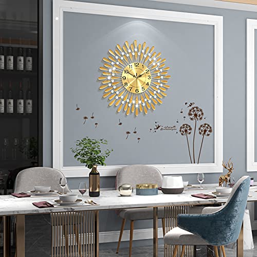 Modern Silent Large Wall Clocks-  Non-Ticking 24 Inch Round Crystal Gold Clocks