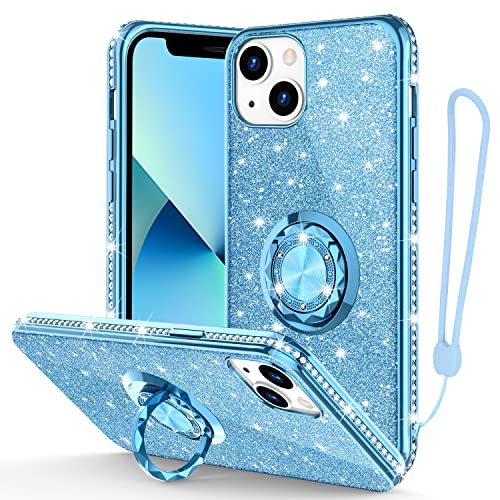 Phone Case for iPhone 13, Glitter Protective Case w/ 360 Degree Ring Stand