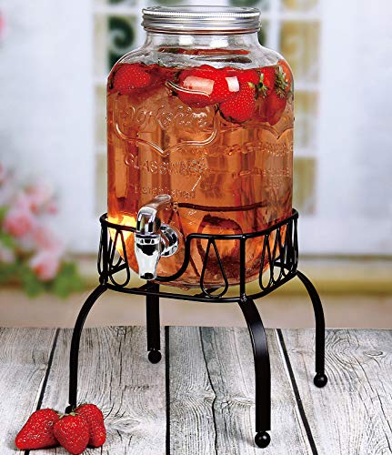 1 Gallon, Mason Jar Beverage Dispenser with Stand, Lid - Leak Free