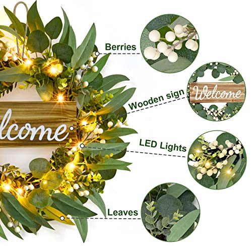 25.19 inches Artificial Eucalyptus Wreath, Front Porch Decor with Light and Welcome Sign