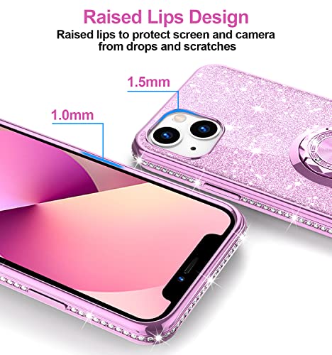 Phone Case for iPhone 13, Glitter Protective Case w/ 360 Degree Ring Stand