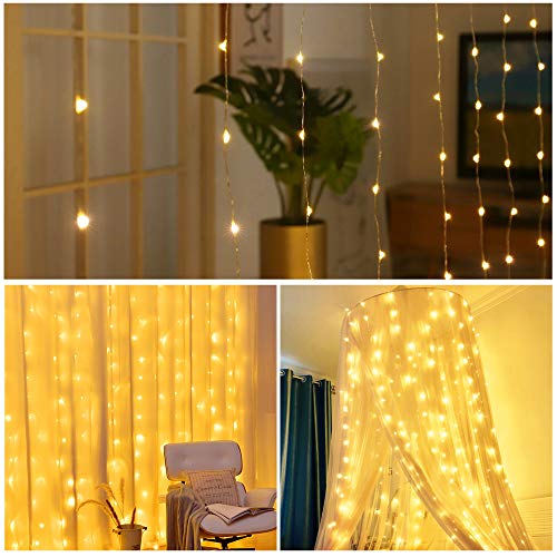 300 LED 8 Lighting Modes Fairy Copper Window Curtain String Lights with Remote