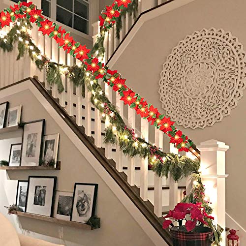Christmas Poinsettia Garland, 7 FT 10 LED Velvet Artificial Flower