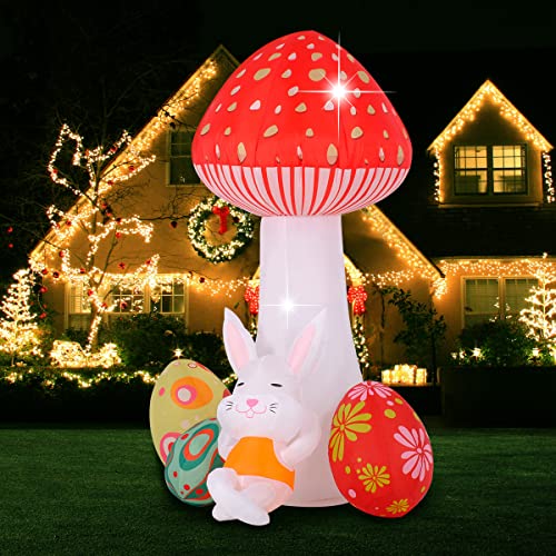7FT Easter Blow up Giant Mushroom, Sleeping Rabbit & Eggs w/ Build-in LEDs