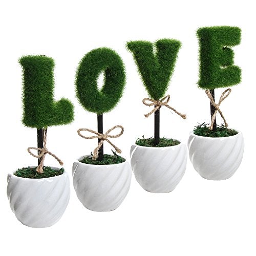 Decorative Letter Shaped Topiary Trees, Artificial Plants Sculpted Love in Ceramic Pots, Set of 4