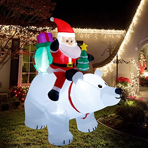 6 Ft Santa Claus with Polar Bear and Christmas Tree Build-in LED Lights Blow up Inflatables