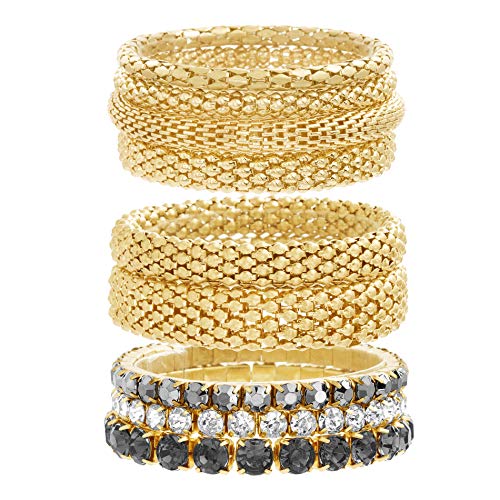 Yellow Gold Tone & Black Rhinestone Stretch Bangle Bracelet Set For Women, One Size