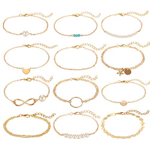 12pcs Gold Tiny Charm Bracelets for Women