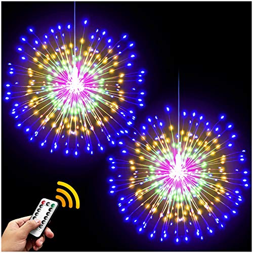 2 Pcs Colorful Starburst 200 LED Firework Lights Copper Wire Sphere Lights with Remote, 8 Modes Battery Operated