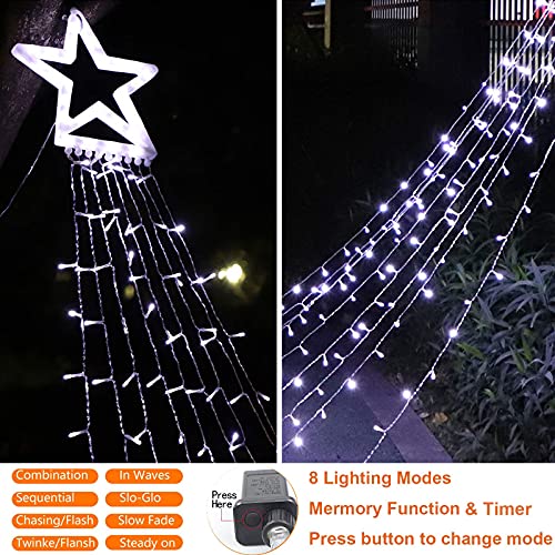 Christmas Star String Lights 317 LED  Waterproof String Lights with Star Topper, 8 Lighting Modes Waterfall Lights for Tree Decor