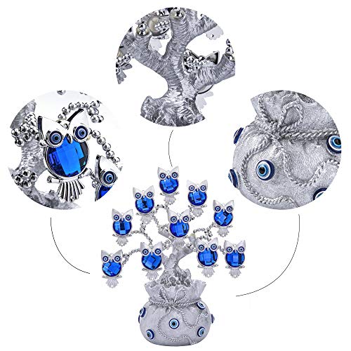 Turkish Evil Eye Tree with Silver Lucky Bag Owl Figurine