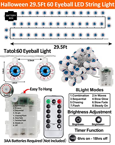 [ 8 Modes & Timer ] 29.5 Ft 60 LED Halloween Eyeball String Lights