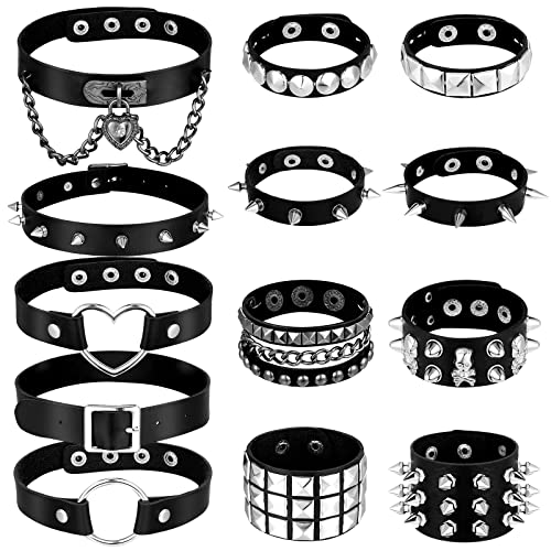 13 Pcs Punk Leather Choker Necklace & Bracelets Set