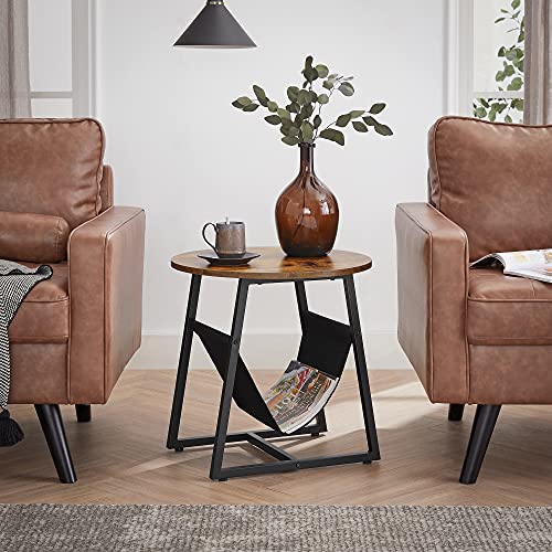 Round End Table w/ Pocket, Side Table, Industrial Style, Rustic Brown & Black