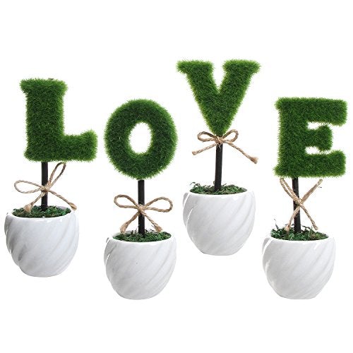 Decorative Letter Shaped Topiary Trees, Artificial Plants Sculpted Love in Ceramic Pots, Set of 4